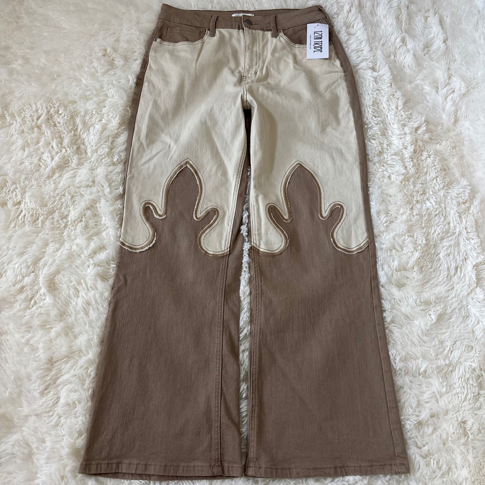 12th Tribe Western Two Tone Cowboy Boot Flare Jeans Brown Cream Size 32 NWT
